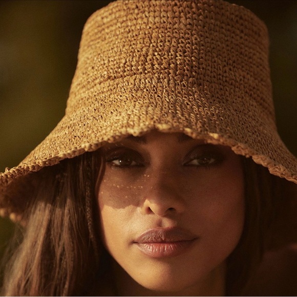 Anthropologie Wyatt Evelyn Boater Bucket Hat Honey Raffia One Size Travel New - Picture 3 of 8